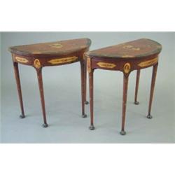 A pair of early 20th century Sheraton Revival painted mahogany demi lune card tables with figure...