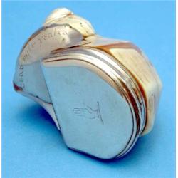 A late 18th century Scottish silver mounted shell snuff mull, with cyrillic inscription and hand...