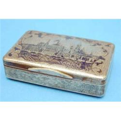 A Russian 84 zlotnik snuff box, with niello decorated view of Moscow, 3ins....