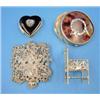Image 1 : A Chinese white metal miniature chair, a buckle and two pill boxes....