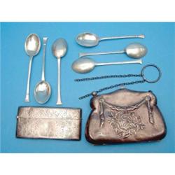 An Edwardian silver purse, a Victorian card case and a set of 6 coffee spoons....