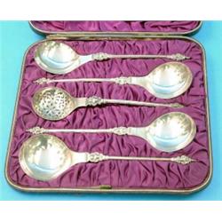 A cased set of five Victorian silver serving spoons including a sifter spoon, of 17th century des...