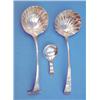 Image 1 : Two George III silver sauce ladles with scallop bowls and a caddy spoon....