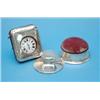 Image 1 : A silver mounted pin cushion casket, a travelling timepiece and an inkwell....
