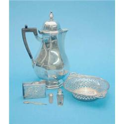 A Victorian silver hot water pot, of octagonal baluster form, (gross 12.5oz), a bonbon dish, a ma...