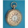 Image 1 : An 18k gold keyless half hunter fob watch with floral engraved case and three quarter plate movem...