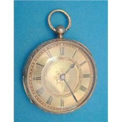 An 18ct gold keywind pocket watch with gilt Roman dial and foliate engraved case....