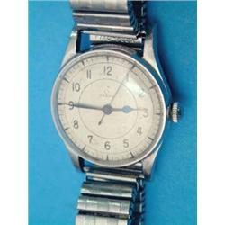 A gentlemans steel military issue Omega wrist watch with silvered dial and centre seconds....