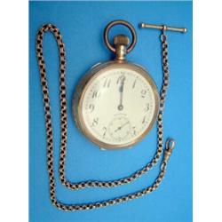An 18ct gold Waltham keyless pocket watch with arabic dial and subsidiary seconds, together with...