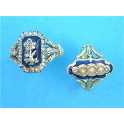 A late 19th century French gold and blue enamel ring, set rose cut diamonds together with a gold,...