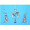 Image 1 : A 9ct gold heart shaped openwork pendant, set amethysts and seed pearls on fine gold chain, toget...