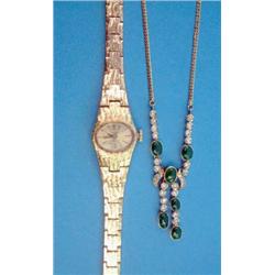 A 14k gold pendant necklace, set with diamonds and cabochon green stones together with a lady's g...