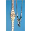 Image 1 : A 14k gold pendant necklace, set with diamonds and cabochon green stones together with a lady's g...