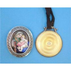 A George V silver and yellow enamel circular pendant mirror, together with a painted porcelain po...