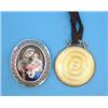 Image 1 : A George V silver and yellow enamel circular pendant mirror, together with a painted porcelain po...