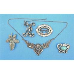 A silver marcasite set pendant necklace, a Georgian paste set buckle and 3 paste set brooches...