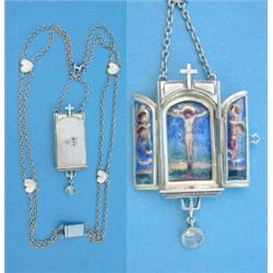 A Continental silver and polychrome enamel triptych pendant, depicting Christ on the Cross, the d...