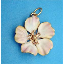 A gold and pink enamel pendant, in the form of a wild rose...