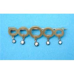 A gold bar brooch, designed as five graduated open circles each supporting a diamond drop...