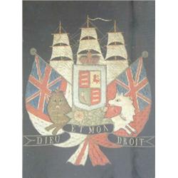 A Victorian black silk Naval armorial panel worked with crest, flags, lion, unicorn and ships mas...