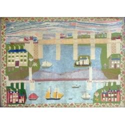 A Victorian sampler worked in wools depicting the Menai Bridge in Wales with a train crossing the...