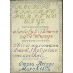 A Victorian needlework sampler, embroidered in coloured wools on a linen ground with alphabets an...