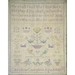A Victorian sampler worked in silks with verse, birds, dogs and floral motifs by Caroline Canapio...