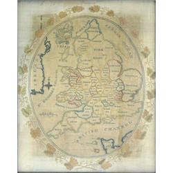 A George III needlework "Map" Sampler, embroided in coloured silks on a silk ground depicting Eng...