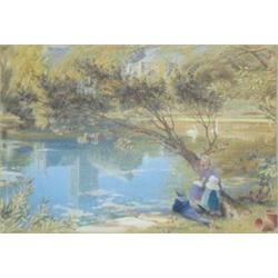 Albert Goodwin (1845-1932) Watercolour, "Wells Cathedral"; Children beside a lake, Monogrammed, 1...