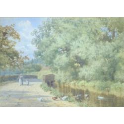 F. G. Coleridge (fl. 1866-1914) Watercolour, "..near Dover", mother and child and ducks on a lane...