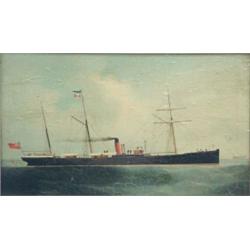 English School Oil on board, Single funnel steam ship at sea, 12 x 20 ins....