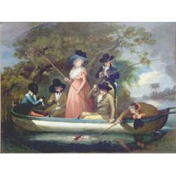 After Morland Oil on tin panel, The Fishing Party, 16.5 x 20.5 ins....