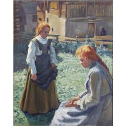 Max Von Schmaedel (1859-?) German Oil on canvas. Girls in a garden. 39 x 31 ins....
