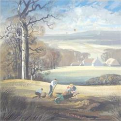 Rowland Hilder (1905-1993) Unframed gouache, Figures in an Autumn landscape, Signed, 19.5 x 19 in...
