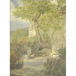 Marie Egner (1850-1940) Austrian Oil on card, Italian terrace garden with onlooking girl, Signed,...