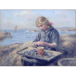 John McGhie (1867-1952) Oil on canvas. The Mussel Girl. Signed. 20 x 26 ins. Gilt gesso frame....