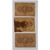 Image 1 : (3) 1862 FIVE CENT US POSTAGE CURRENCY PCS SOME PINHOLES