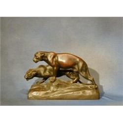 M.Six, a bronze figure group "Two Standing Lions" 10" £150-200...