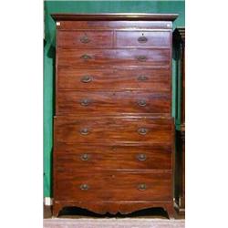 A Georgian mahogany chest on chest with moulded cornice above 2 short and 6 long graduated drawer...