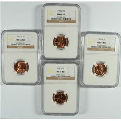 2 1952-D, 2 55-S LINCOLN CENTS NGC MS-66 RD