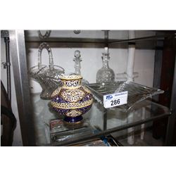 SHELF LOT OF CRYSTAL DECANTERS, CANDY DISHES AND A GERMAN PORCELAIN VASE