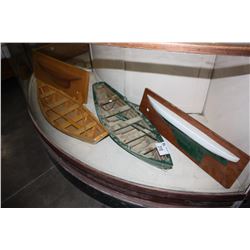 2 HAND WOODEN PADDLES BOATS AND 2 DECORATIVE WALL MOUNT SAIL BOAT KEELS