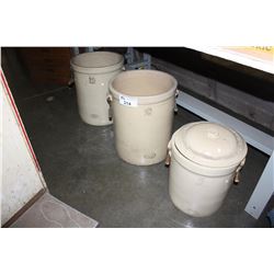3 MADELTA STONE CROCKS; 2 10GALLON AND 1 5GALLON WITH LID
