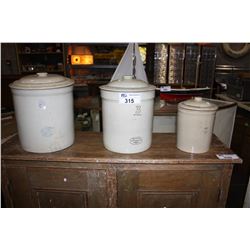 3 LIDDED STONE WARE CROCKS; 5GALLON, 3GALLON MADELTA, AND 1 GALLON MADELTA