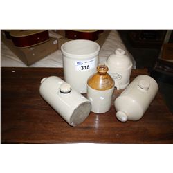 5 VINTAGE STONEWARE PIECES; 2 BEDWARMERS, 1 BIRD FEEDER LID, 1 ONE GALLON CROCK AND 1 JUG
