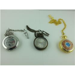GROUP OF 3 POCKET WATCHES INCLUDING; NEW SEE THROUGH MECHANICAL POCKET WATCH, AND 2 NEW QUARTZ