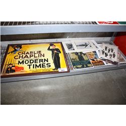 WOODEN CHARLIE CHAPLIN DECORATIVE SIGN AND LARGE LOT OF CHARLIE CHAPLIN MEMORABILIA, POSTERS,