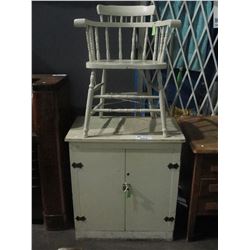 PAINTED WHITE 2 DOOR CUPBOARD AND RAILWAY CHAIR