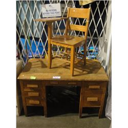 DOUBLE PEDASTOL OFFICE DESK AND AN OAK STUDENTS DESK