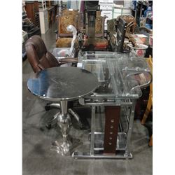 GLASS AND CHROME OFFICE DESK, CHROME SIDE TABLE AND BROWN LEATHER OFFICE CHAIR